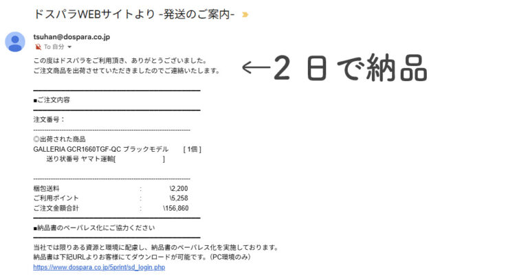 2日で納品された実際のメール画像