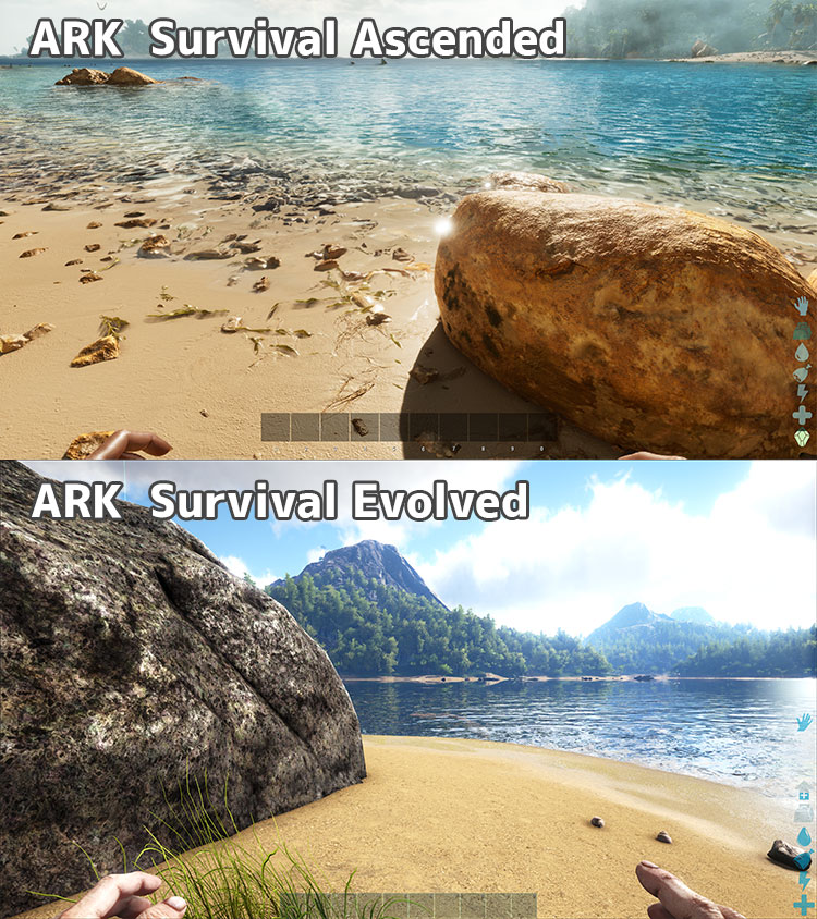 ARK Survival AscendedとARK Survival Evolvedの砂浜比較