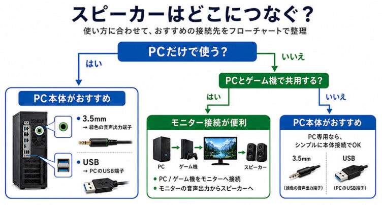 スピーカーはPC本体とモニターのどっちに接続する図解