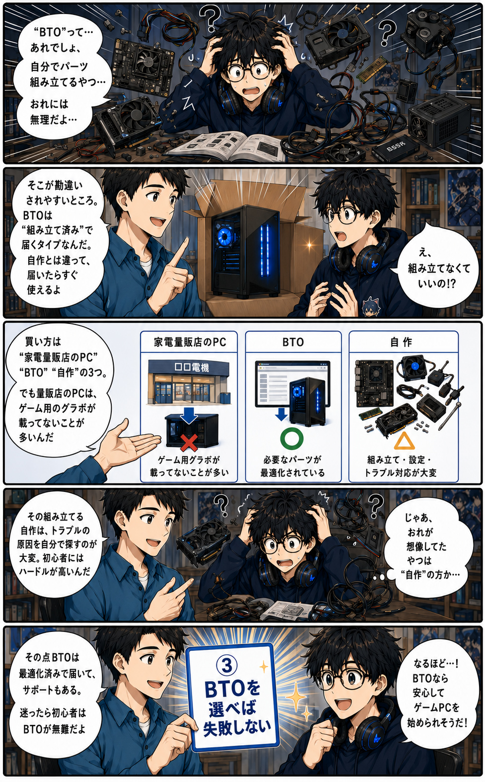初心者はBTOなら失敗しにくい、BTOは組み立て済みで届き自作とは違うと解説する漫画