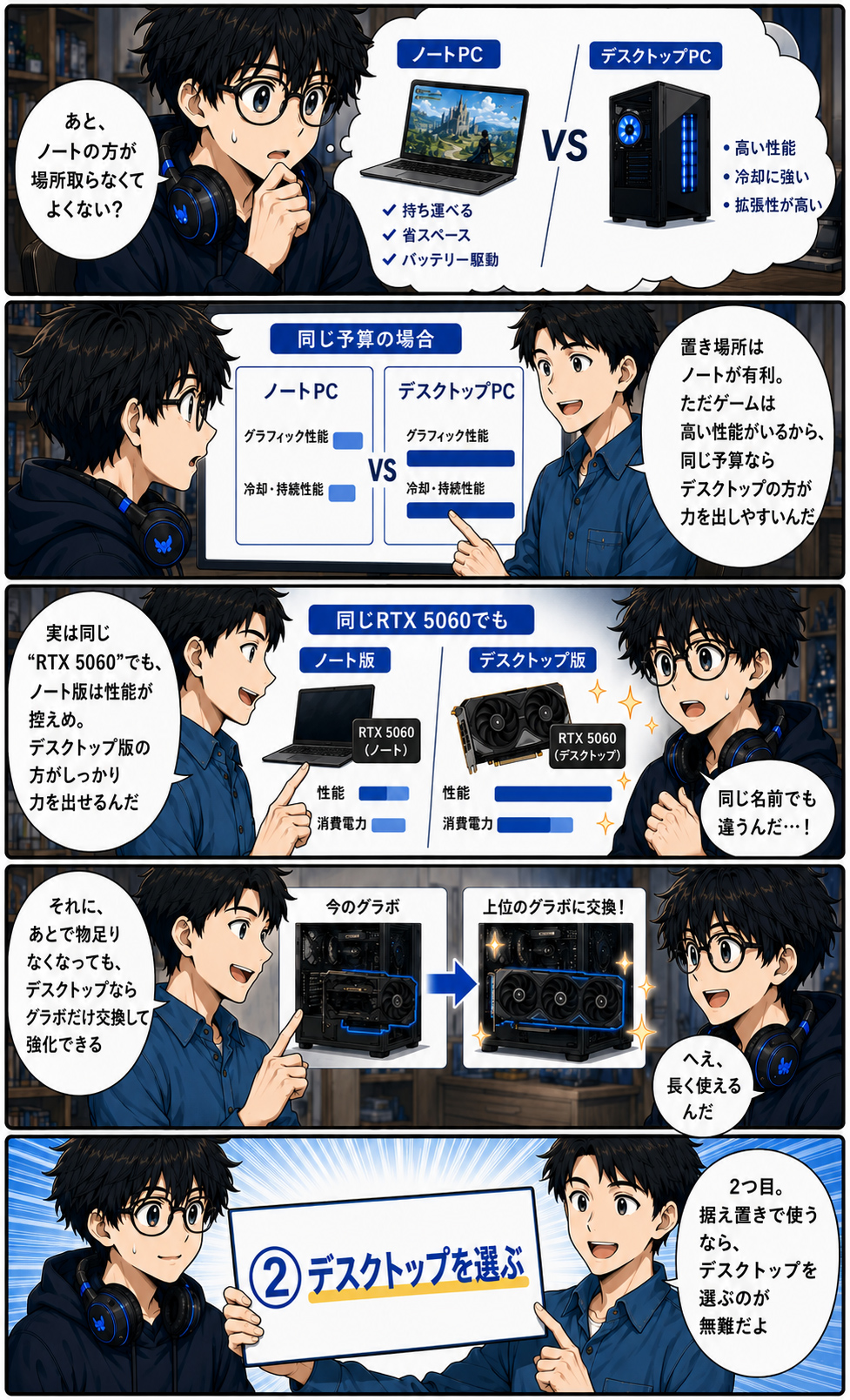 ゲーミングPCはノートより据え置きのデスクトップが有利で、あとからグラボ交換もできると解説する漫画