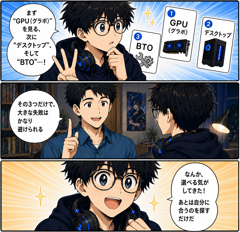 初心者のゲーミングPCの選び方3ポイント(GPU・デスクトップ・BTO)をまとめる漫画