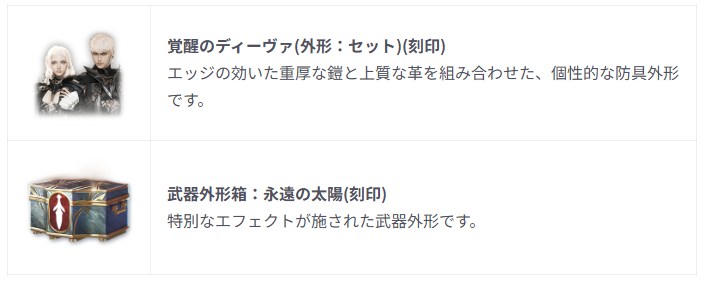 覚醒のディーヴァ(防具外形セット)
武器外形箱:永遠の太陽